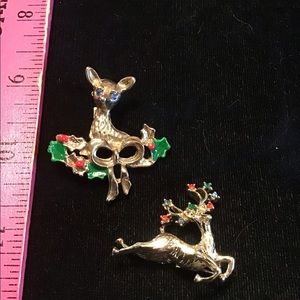 VINTAGE LOT OF 2 REINDEER RHINESTONE PINS HOLIDAY CHRISTMAS